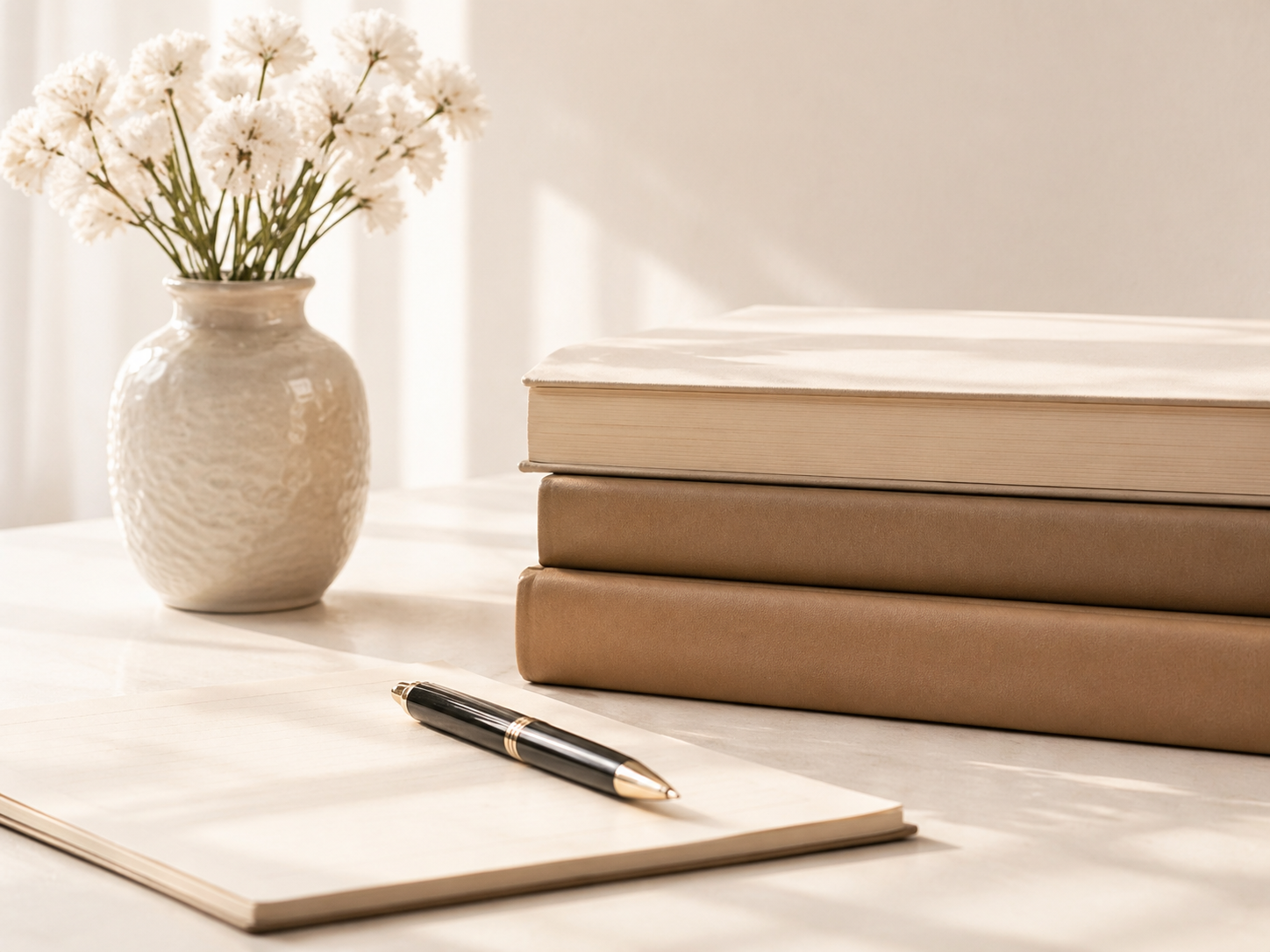 Escritorio jurídico elegante con libros, flores y pluma