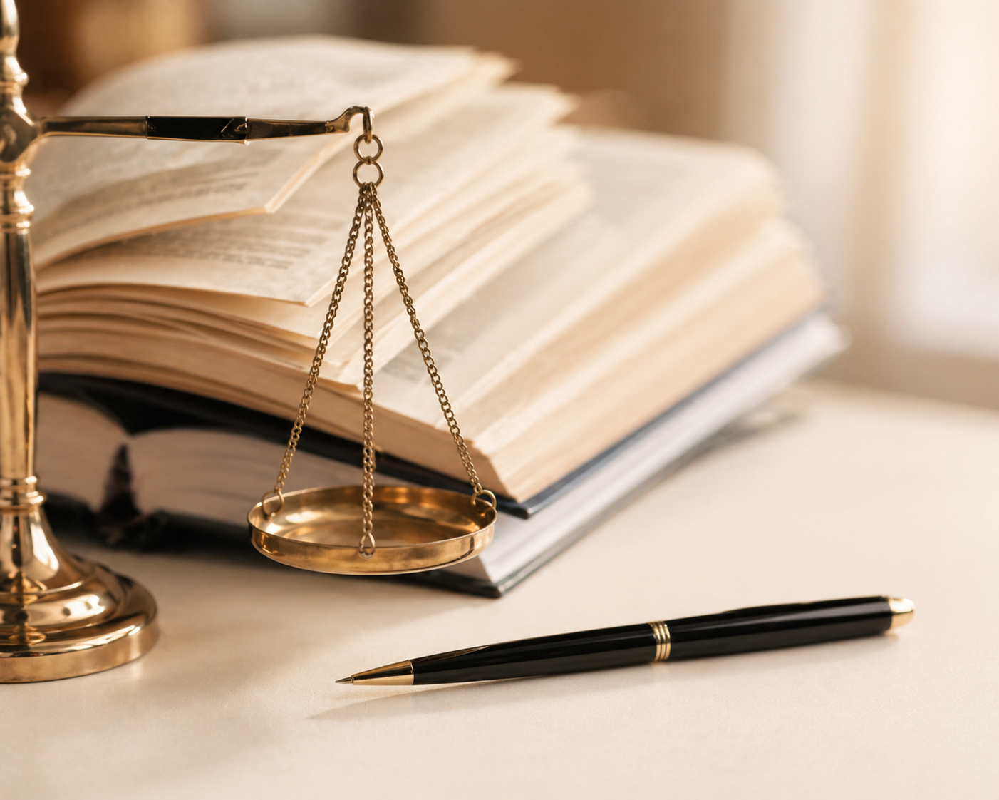 Balanza de justicia, libro jurídico y pluma